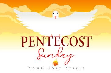 Pentecost Sunday, bulletin banner concept. Come Holy Spirit, flying dove in sky - design for poster of worship or invitation. The Outpouring of the Spirit, vector illustration