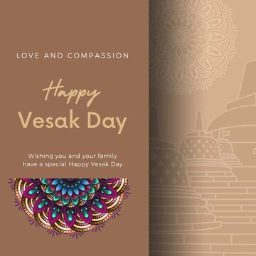 Happy Wesak day or buddha purnima greeting template or copy space. Hand of buddha holding lotus flower flat design. Vector illustration