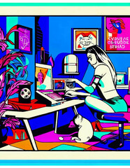vector pop art with warm colors of a woman working from home office.