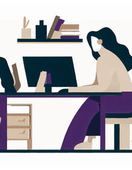 minimalist vector with cold colors of a woman working in her office.