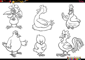Fototapeta na wymiar cartoon chickens farm animal characters set coloring page