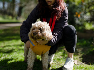 Woman embracing dog in park