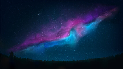 Night shining starry sky. Dark blue space background with stars, pink violet blue nebula, milky way, meteor. Starlight night in nature, cosmos. Meadow, field. Vector illustration