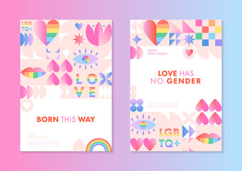 Pride month posters templates.LGBTQ+ community vector illustrations in bauhaus style with geometric elements and rainbow lgbt symbols.Human rights movement concept.Gay parade.Colorful cover designs.