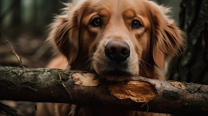 Beautiful golden retriever dog playing with a wooden stick. Created with generative AI technology