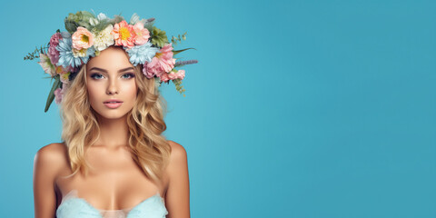 Fototapeta na wymiar Vivid summer banner with a beautiful woman wearing floral wreath and summer clothing. Isolated on solid color background.
