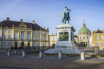 Equestrian statue in front of the Amalienborg palace in Copenhagen, Denmark