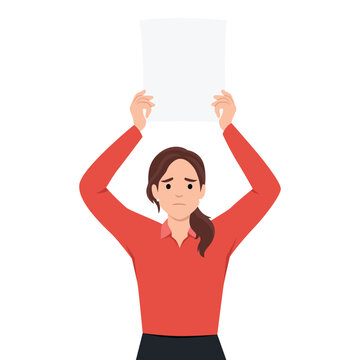 Young Business Woman Holding Big Blank Paper Over Head With A Sad Face. Flat Vector Illustration Isolated On White Background