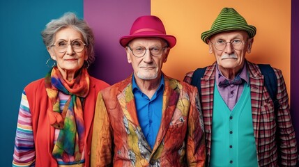 Obraz premium Group of stylish elderly people looking at the camera while standing together with confident poses and colourful clothing, Generative AI