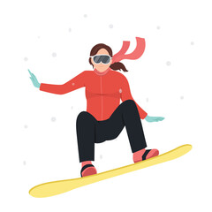 A girl snowboarder rides a snowboard. Springboard jump. Winter activities. Wintersports. Extreme sport. Flat vector illustration isolated on white background