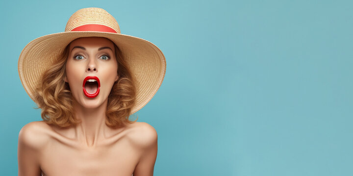Summer offer banner with attractive woman wearing summer clothing. Excited, surprised facial expression. Isolated on solid color background.