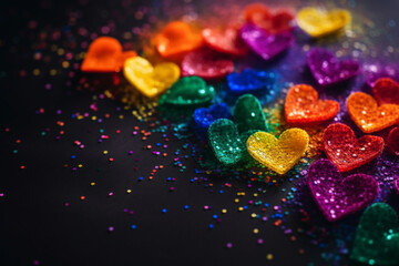 Fototapeta na wymiar Rainbow glitter hearts, pride, background Generative AI