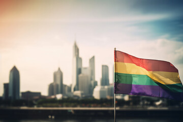 Pride flag on a city skyline, pride, background, bokeh Generative AI