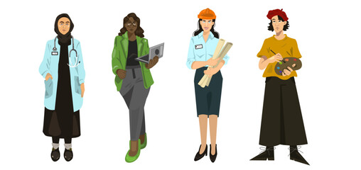 Set of confident diverse nationality women. Young woman different nations and jobs. Various profession of people. Successful employees in different uniforms type of activity. Vector illustration
