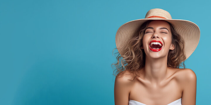 Summer offer banner with attractive woman wearing summer clothing and straw hat. Isolated on solid color background.