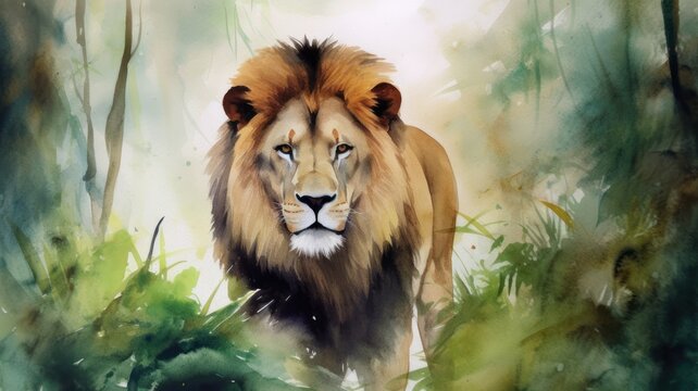 watercolor lion in jungle AI generative