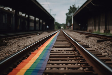 Fototapeta na wymiar Pride flag on a train track, pride, background Generative AI
