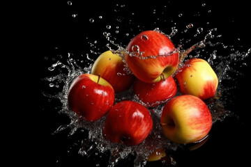 Fototapeta na wymiar Ripe apples and splashes of water on a black background. AI generative.