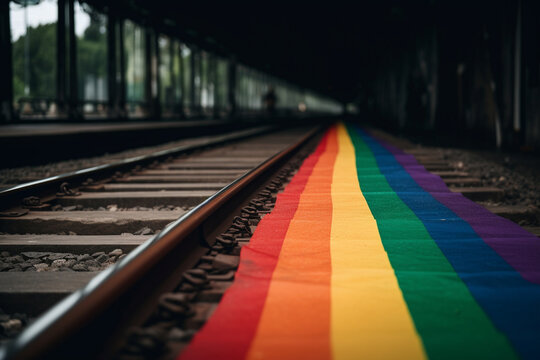 Pride flag on a train track, pride, background Generative AI