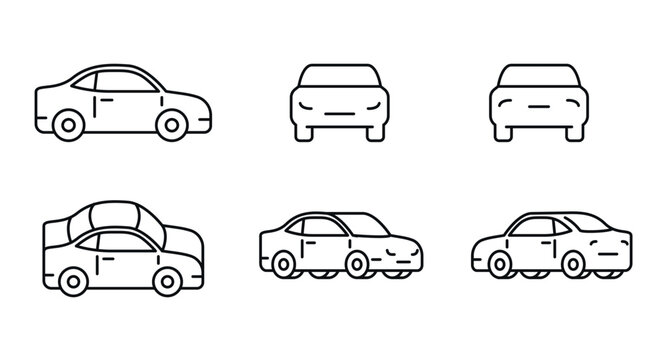Car icons set. The car from different sides. Side view, back, front, bottom, inside. linear icon collection. Line with editable stroke