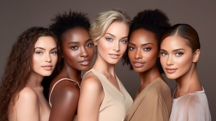 Obraz premium A diverse group of beautiful women with natural beauty and glowing smooth skin. Portrait of many attractive female fashion models with great skincare of all races, tones and style, Generative AI