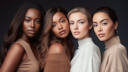 Obraz premium A diverse group of beautiful women with natural beauty and glowing smooth skin. Portrait of many attractive female fashion models with great skincare of all races, tones and style, Generative AI