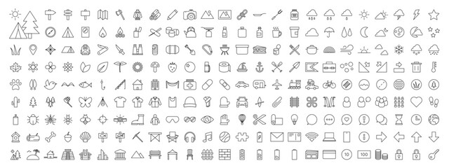 Hiking Camping and Travel Outlined Vector Icon Set Megapack Transparent Background PNG Editable Stroke EPS AI