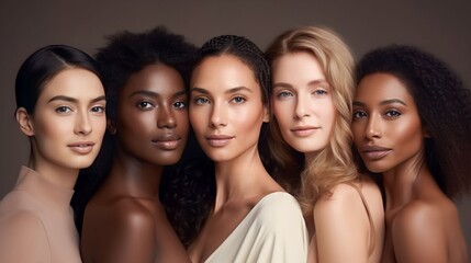 Fototapeta premium A diverse group of beautiful women with natural beauty and glowing smooth skin. Portrait of many attractive female fashion models with great skincare of all races, tones and style, Generative AI