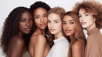 Obraz premium A diverse group of beautiful women with natural beauty and glowing smooth skin. Portrait of many attractive female fashion models with great skincare of all races, tones and style, Generative AI