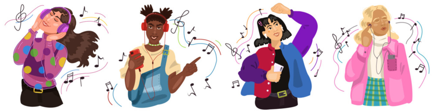 Set of girls listening music with headphones and enjoy. Happy young women characters listen song or radio via smartphone or audio player. Colorful teen people in earphones. Cartoon Vector illustration