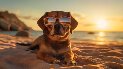 Fototapeta na wymiar Dog wearing Sunglasses sitting on the Beach, Image Ai Generated