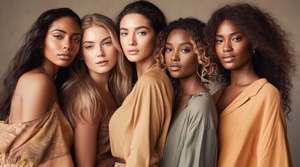 Fototapeta premium A diverse group of beautiful women with natural beauty and glowing smooth skin. Portrait of many attractive female fashion models with great skincare of all races, tones and style, Generative AI