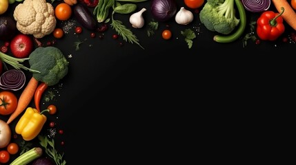 Frame of organic food of fresh vegetables. Generative AI