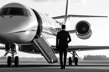 businessman at private jet generative ai - obrazy, fototapety, plakaty