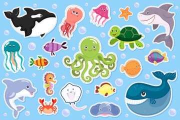 Set of ocean animals. Cartoon style children stickers of marine fauna. Childish kids sea creatures. Smiling shark, whale and dolphin. Cute turtle, squid, jellyfish, octopus, crab. Vector illustration