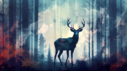 Illustration of a deer in a forest fire by generative AI
