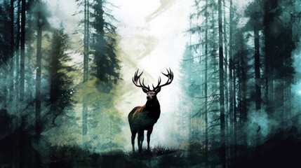 Illustration of an elk in a pine forest by generative AI