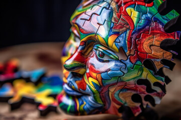 human head from colorful puzzles, psychological disorder autism generative ai