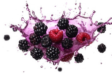 Ripe blackberry and splashes of juice on a white background. AI generative.
