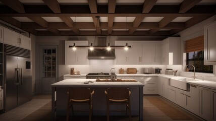 Fototapeta na wymiar Modern kitchen in the house light walls wooden floors island dining table Generative AI