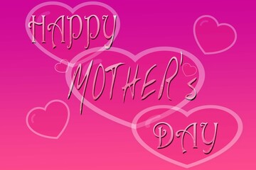 Happy mothers day text in hearts with pink purple gradient background for international mother's day. mother's day card, gift, greeting, template, advertisement, for wishes all women, mothers of world
