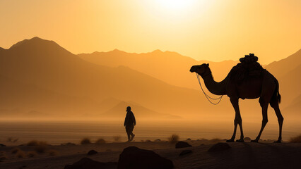 camel in desert sandstorm sundown landscape generative ai