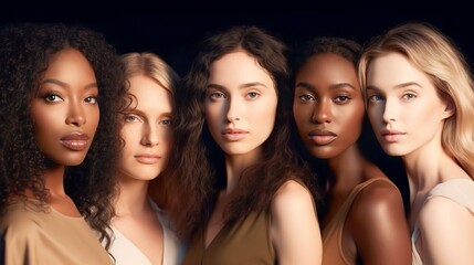 Fototapeta premium A diverse group of beautiful women with natural beauty and glowing smooth skin. Portrait of many attractive female fashion models with great skincare of all races, tones and style, Generative AI