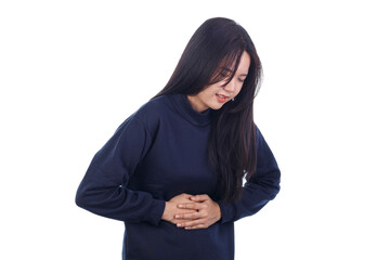Woman having stomach ache, bending and holding hands on belly isolated on white background