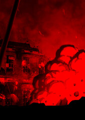戦争で爆弾やミサイルが爆発して崩壊する建物の赤いイラスト