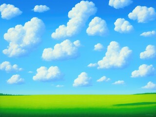 Fototapeta na wymiar Field of green grass, clouds in the blue sky. Created by a stable diffusion neural network.