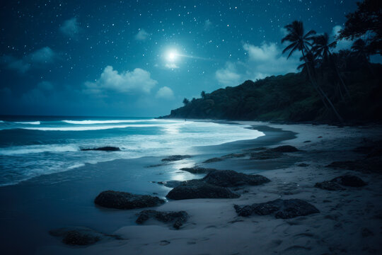 bright night landscape by the sea at full moon generative ai