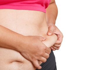 Woman touching his fat belly on white background. Woman hand holding excessive belly fat