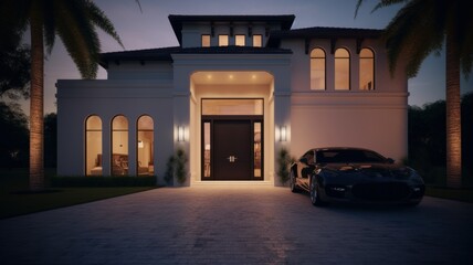 Fototapeta premium A modern country house with a garage at night, a beautiful glow from the windows, modern architecture, a lawn. Generative AI