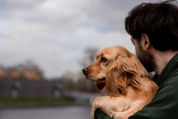 A brunette man stands against the backdrop of a blurred city and holds a cocker spaniel in his...